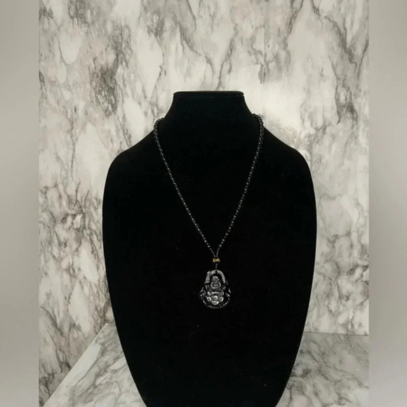 JADE obsidian Black Hand Carved Maitreya Buddah Pendant Necklace - Picture 4 of 6
